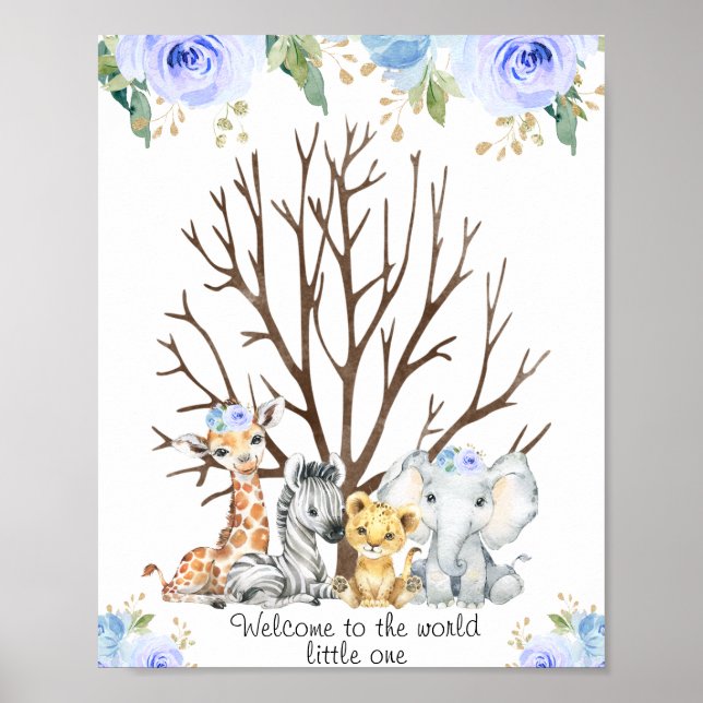 Blue Floral Safari Fingerprint Guestbook Poster (Front)
