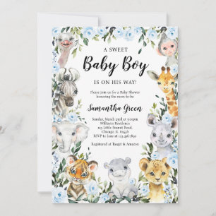 Blue Floral Safari Jungle Baby Shower Invitation