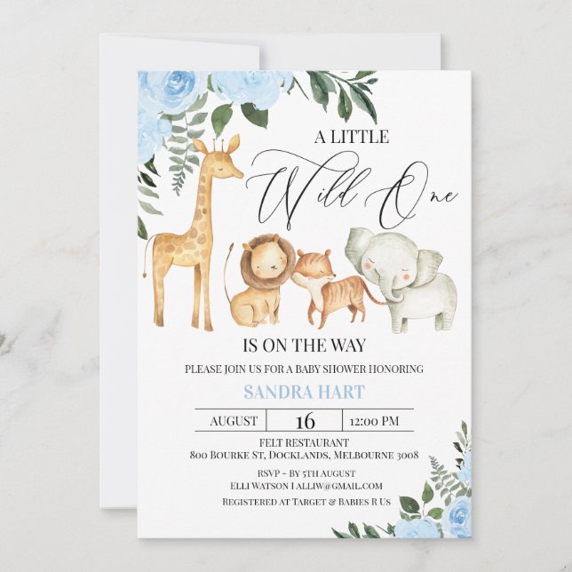 Blue Floral Safari Wild One Baby Shower Invitation (Front)