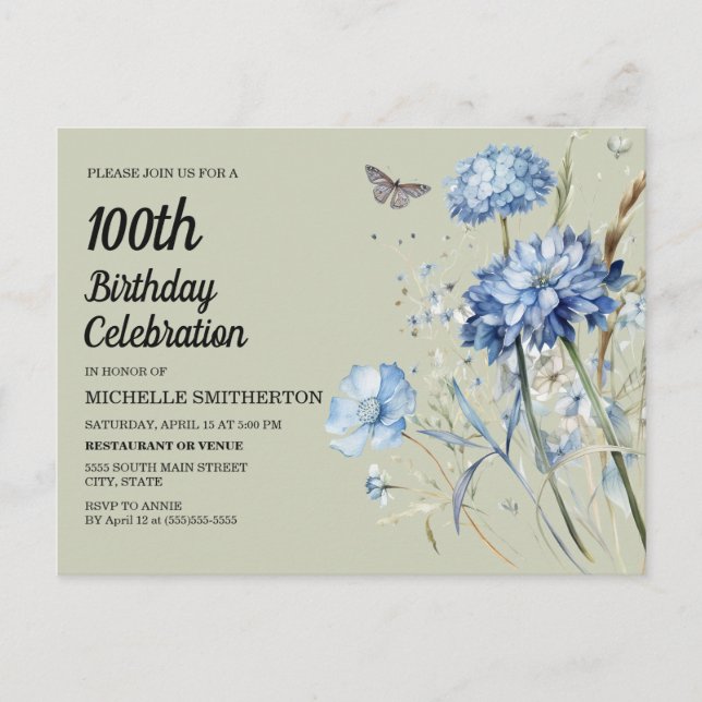 Blue Floral Sage Green Women's 100th Birthday Invitation Postcard (Front)