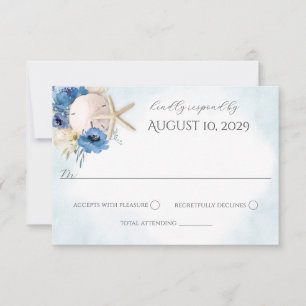 Blue Floral Sand Dollar Beach Wedding Invitation