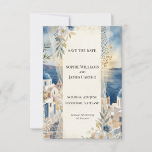 Blue Floral Santorini Save The Date Card