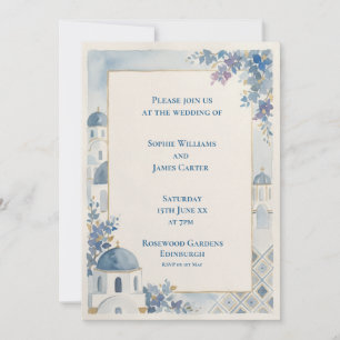 Blue Floral Santorini Wedding Invitation