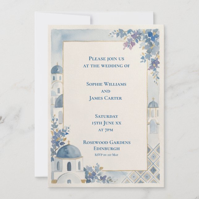 Blue Floral Santorini Wedding Invitation (Front)