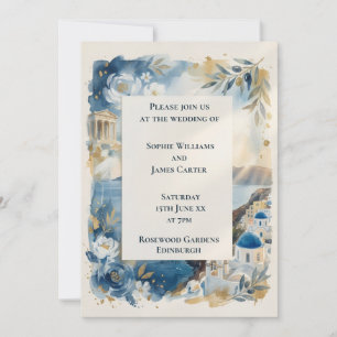 Blue Floral Santorini Wedding Invitation