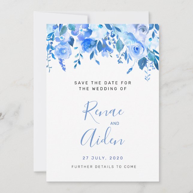 Blue floral save the date, blue floral wedding save the date (Front)