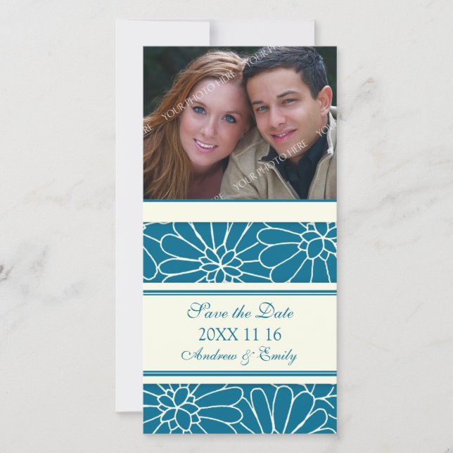 Blue Floral Save the Date Wedding Photo Cards (Front)