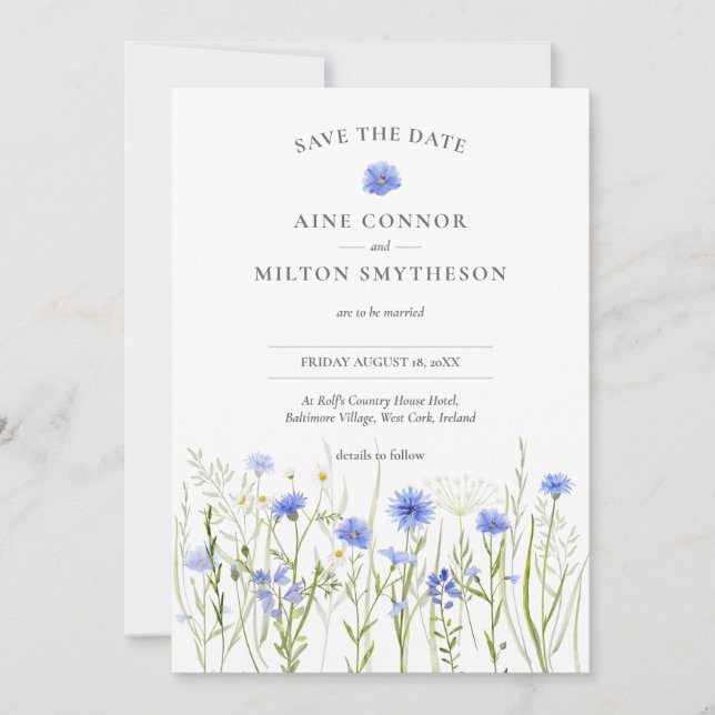 Blue floral save the date, wildflower wedding invitation (Front)