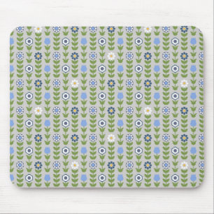 Blue Floral Scandinavian Folk Pattern Mouse Mat