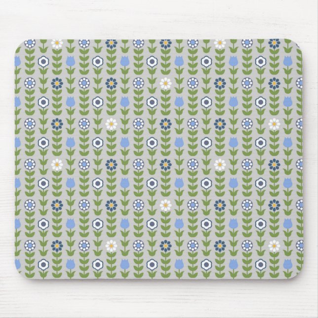 Blue Floral Scandinavian Folk Pattern Mouse Mat (Front)