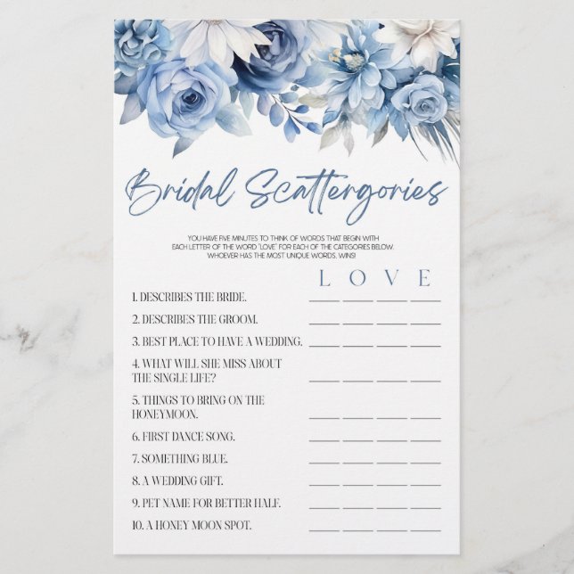 Blue Floral Scattergories Bridal Shower Game  Stationery (Front)