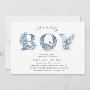 blue floral script baby shower invitation