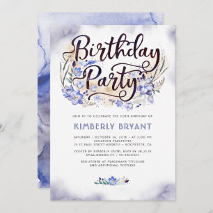 Blue Floral Script Watercolor Birthday Party Invitation