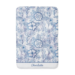 Blue floral seamless pattern personalised name bath mat
