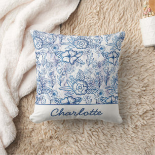 Blue floral seamless pattern personalised name cushion