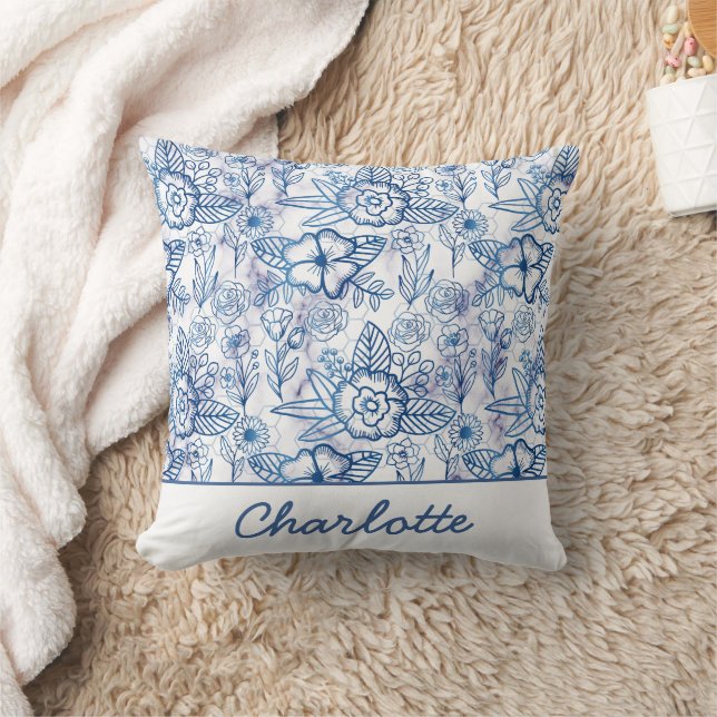 Blue floral seamless pattern personalised name  cushion (Blanket)