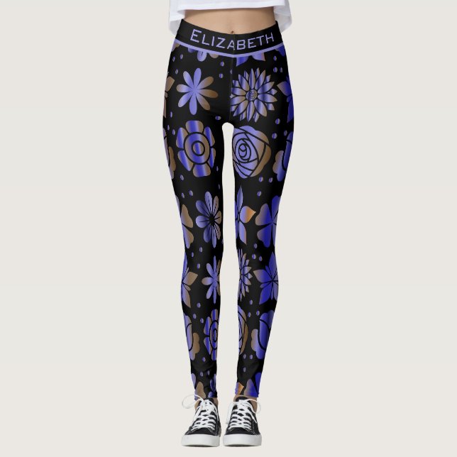 Blue floral seamless pattern personalised name  leggings (Front)
