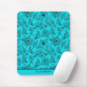 Blue floral seamless pattern personalised name mouse mat