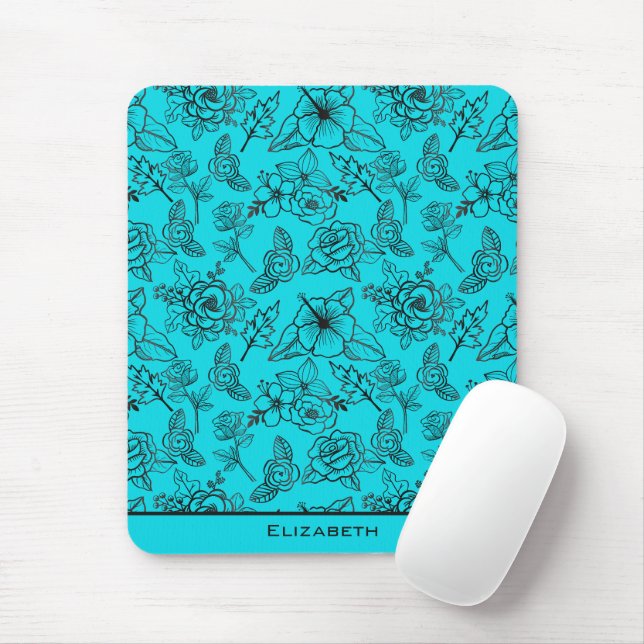 Blue floral seamless pattern personalised name mouse mat (With Mouse)