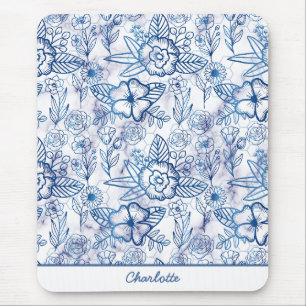 Blue floral seamless pattern personalised name mouse mat