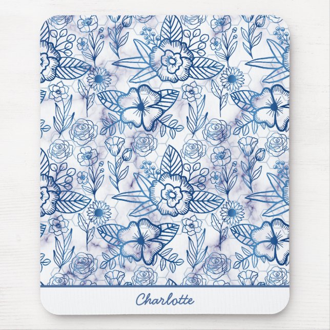 Blue floral seamless pattern personalised name mouse mat (Front)