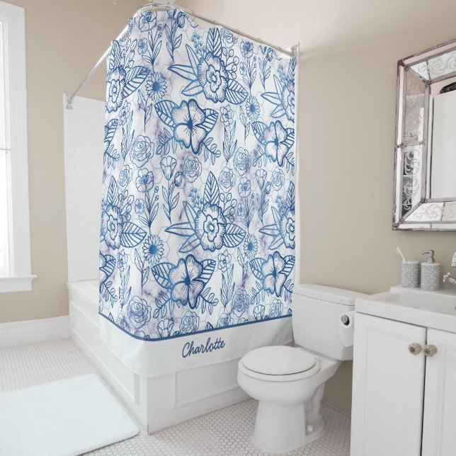 Blue floral seamless pattern personalised name shower curtain (In Situ)