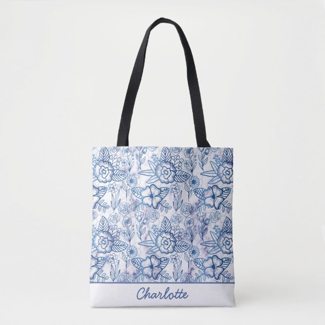 Blue floral seamless pattern personalised name  tote bag (Front)