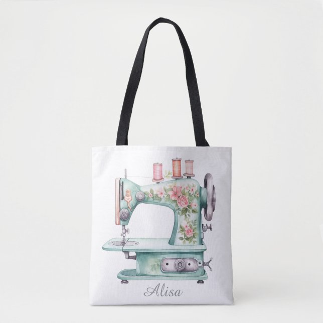 Blue Floral Sewing Machine Tote Bag (Front)
