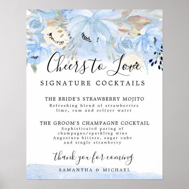 Blue Floral Signature Cocktails Wedding Bar Sign (Front)