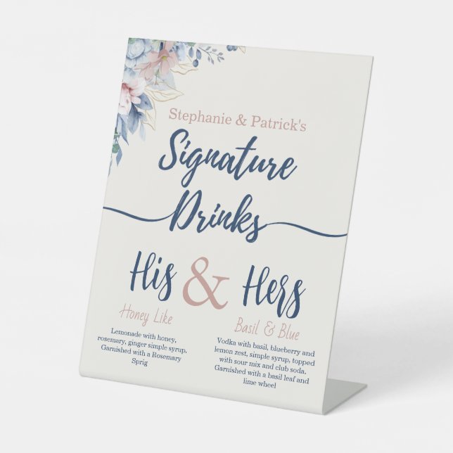 Blue Floral Signature Drink Bar Sign (Front)