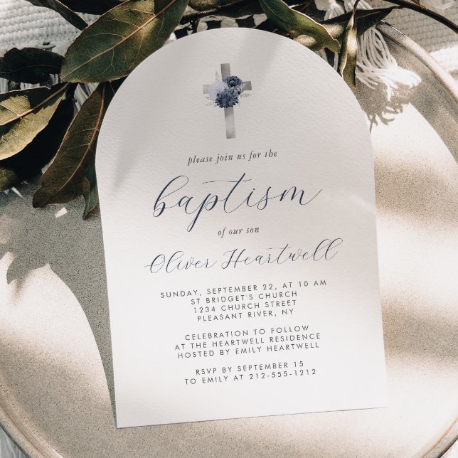 Blue Floral Silver Cross Arch Boys Baptism Invitation (Creator Uploaded)