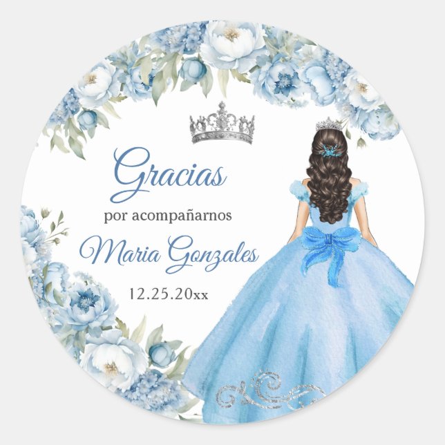 Blue Floral Silver Crown 15 Años Thank You Gift Classic Round Sticker (Front)
