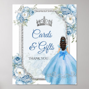 Blue Floral Silver Crown Quinceañera Cards & Gifts Poster