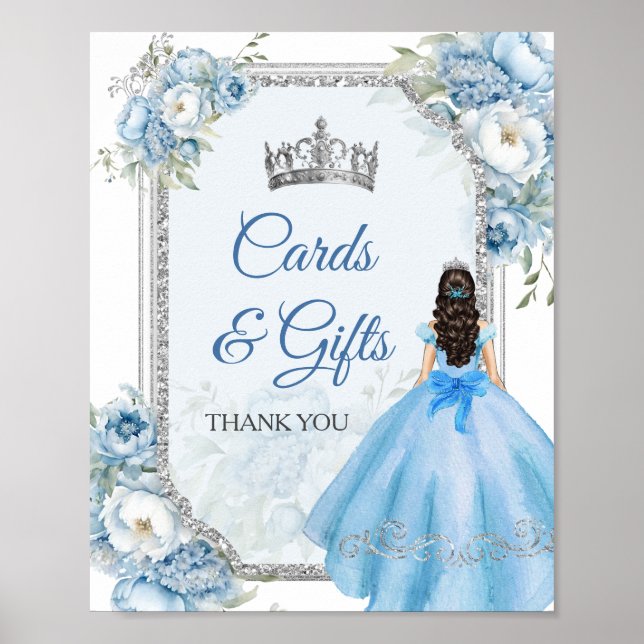 Blue Floral Silver Crown Quinceañera Cards & Gifts Poster (Front)