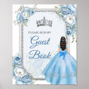Blue Floral Silver Crown Quinceañera Guest Book