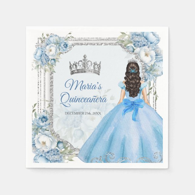 Blue Floral Silver Crown Quinceañera Paper Napkin (Front)