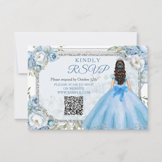 Blue Floral Silver Crown Quinceañera QR Rsvp Card (Front)