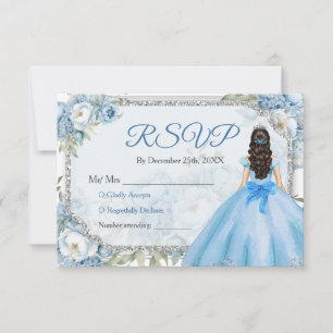 Blue Floral Silver Crown Quinceañera Rsvp Thank You Card