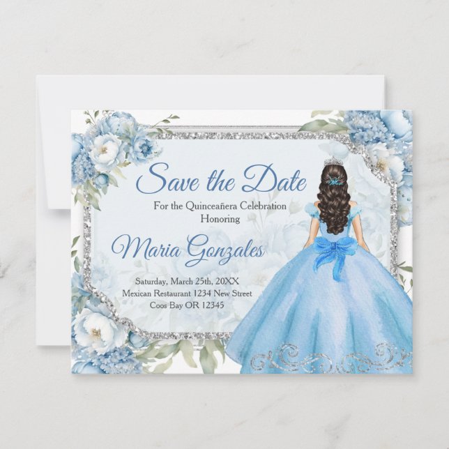 Blue Floral Silver Crown Quinceañera Save the Date Thank You Card (Front)
