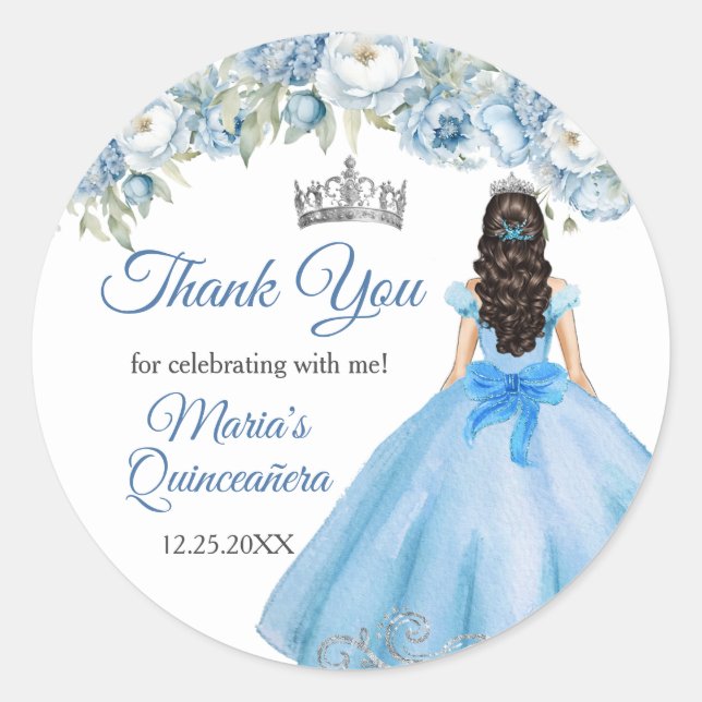 Blue Floral Silver Crown Quinceañera Thank You Classic Round Sticker (Front)