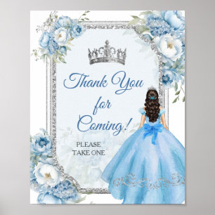Blue Floral Silver Crown Quinceañera Thank You Poster