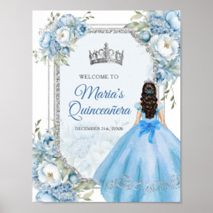 Blue Floral Silver Crown Quinceañera Welcome Poster