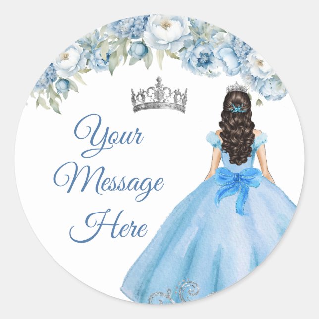 Blue Floral Silver Crown Quinceañera Your Message Classic Round Sticker (Front)