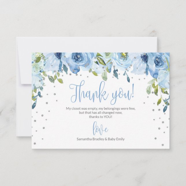 Blue floral silver glitter baby shower thank you (Front)