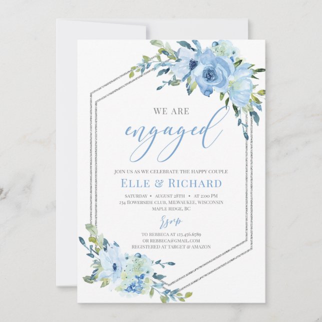 Blue floral silver glitter geometric engagement invitation (Front)