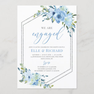 Blue floral silver glitter geometric engagement invitation