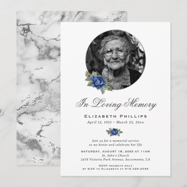 Blue Floral Silver Marble Photo Memorial Service Invitation (Front/Back)