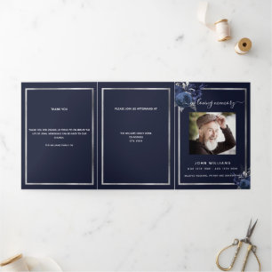 Blue floral silver photo tri-fold funeral program