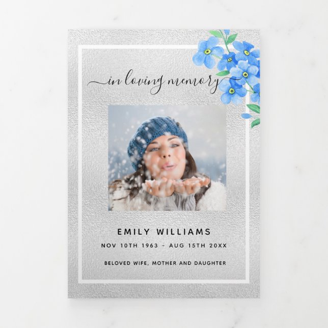 Blue floral silver photo tri-fold funeral program (Cover)