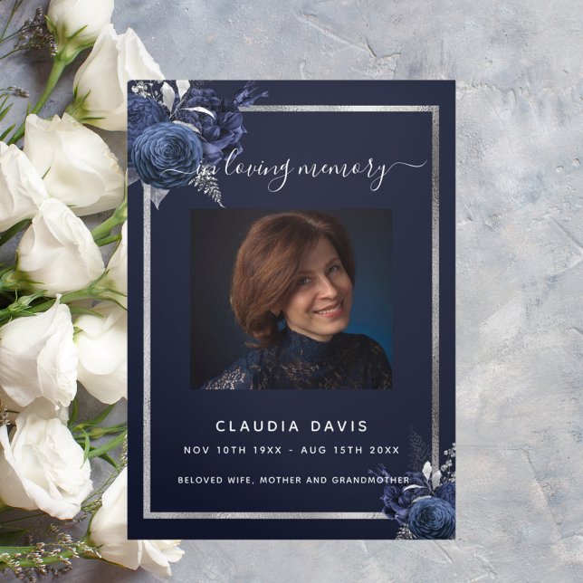 Blue floral silver photo tri-fold funeral program announcement (Creator Uploaded)